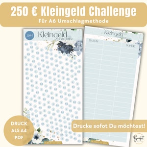 250 Euro Kleingeld Sparchallenge für A6 Sparbinder als PDF Download