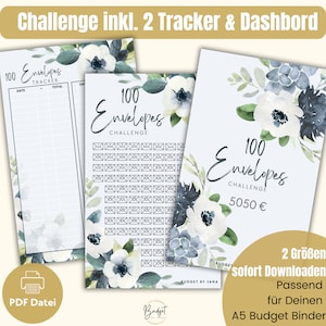100 Envelopes Challenge PDF, inkl. Dashboard und Tracker für A5 Budgetbinder in 2 Größen + Deckblätter für 4er Fachhüllen Sparsumme 5050