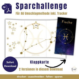 Desafío de Ahorro PDF Signo del Zodíaco "Piscis" Tarjeta plegable A6, Juego de Ahorro Descarga Instantánea Digital