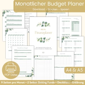 May include: A printable budget planner with a floral design. The planner includes sections for monthly and weekly budgets, sinking funds, and variable costs. The text on the cover reads "Mein Finanzplaner" which translates to "My Financial Planner".
