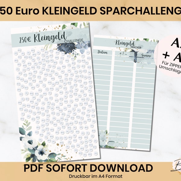 250 Euro Kleingeld Sparchallenge in zwei Größen als A4 PDF Download