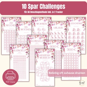Spar-Challenges Set im Magnolie Design für Umschlagmethode, passend für A6 Geldumschläge und Klarsichthüllen für deinen Budget Binder