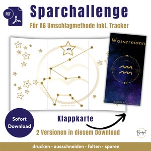 Savings Challenge PDF Signe du zodiaque « Verseau » A6 Carte pliante, Jeu d’épargne Téléchargement instantané numérique
