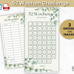 Könnte beinhalten: Ein druckbarer 52-Wochen-Challenge-Tracker mit grünem und gelbem Blumendesign. Der Tracker enthält einen Kalender mit 52 Wochen und einen Bereich zur Verfolgung des Fortschritts. Der Text "52 Wochen Challenge" befindet sich oben auf der Seite.