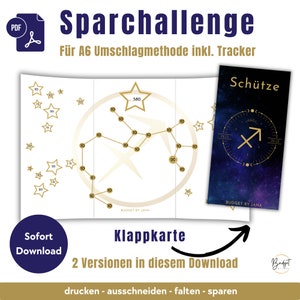 Saving Challenge PDF Zodiac Sign "Sagitario" Tarjeta plegable A6, guardar juego descarga instantánea digital