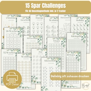 xl Spar Challenges PDF Set Eukalyptus, für Umschlagmethode, passend für A6 Geldumschläge und Klarsichtumschläge für deinen Budget Binder