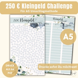 250 Euro small change savings challenge for A5 savings binder as PDF download