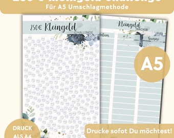 250 Euro small change savings challenge for A5 savings binder as PDF download