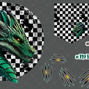 Könnte beinhalten: Eine Sammlung von Drachen-Grafiken in Grün- und Schwarztönen. Die Designs umfassen einen Drachenkopf in einem karierten Kreis, einen kompletten Drachen mit Flügeln und die Wörter "DRAGON STYLE" und "DRAGON". Zusätzliche Elemente sind Kratzspuren und die Wörter "#cool", "#MEGA" und "Nice".
