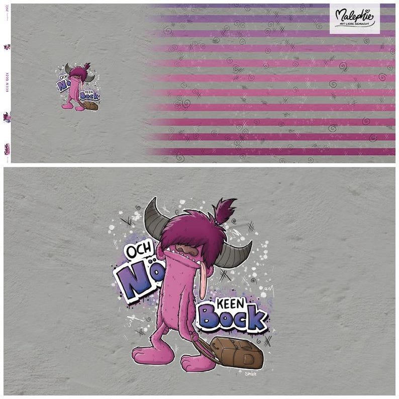 May include: A whimsical illustration of a pink monster with horns, a long tongue, and the words "OCH N&Ouml;" and "KEEN BOCK" in a graffiti-style font. The background is gray with a striped pattern.