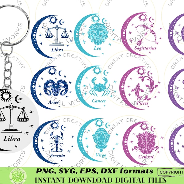 Keychain SVG Bundle, Zodiac Keychain svg, round keychain svg, keychain patterns svg, keychain svg round, acrylic keychain svg, keyring svg