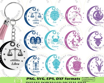 Keychain SVG Bundle, Zodiac Keychain svg, round keychain svg, keychain patterns svg, keychain svg round, acrylic keychain svg, keyring svg