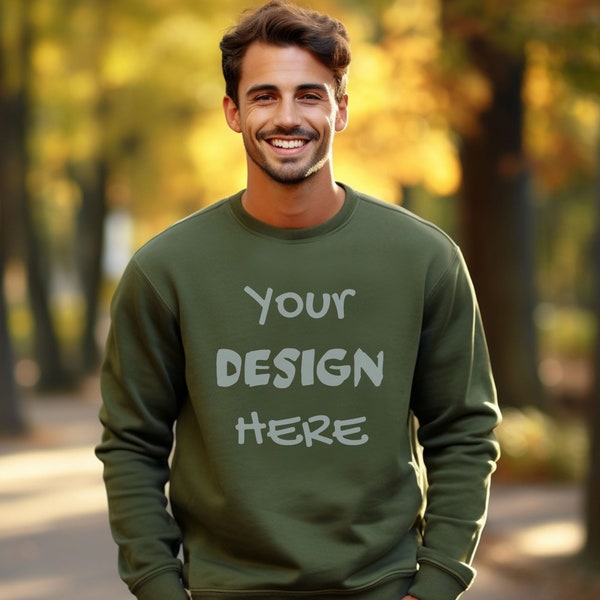 Gildan 18000 Military Green Mockup, Male Gildan Sweater Mockup, Fall Sweatshirt Mens Model Mockup, Unisex Military Green Male Sweatshirt