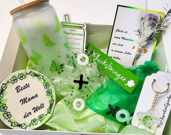 Glücksbox in grün, personalisierbares Geschenkeset für alle Anlässe, perfektes Geschenk als Glücksbringer für Familie und Freunde