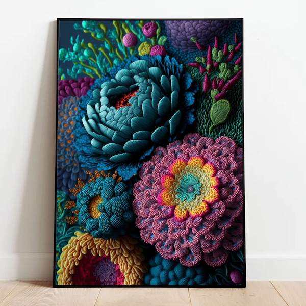 Botanical Wall Art - Knit Blue and Purple Flower Market Prints - Maximalist Décor - Gallery Wall Prints - Digital Download