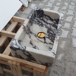 Calacatta Viola Antique Marble Sink, Powder Room Sink, Wall Mounted Sink, Calacatta Sink, Farmhouse Sink, Marble Sink, Bathroom Sink, Sink image 3