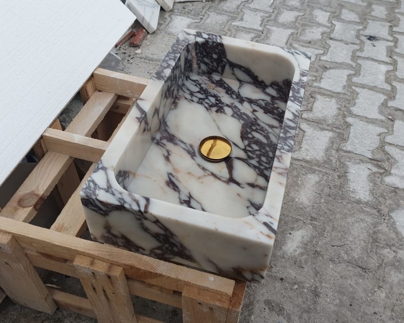 Calacatta Viola Antique Marble Sink, Powder Room Sink, Wall Mounted Sink, Calacatta Sink, Farmhouse Sink, Marble Sink, Bathroom Sink, Sink image 3