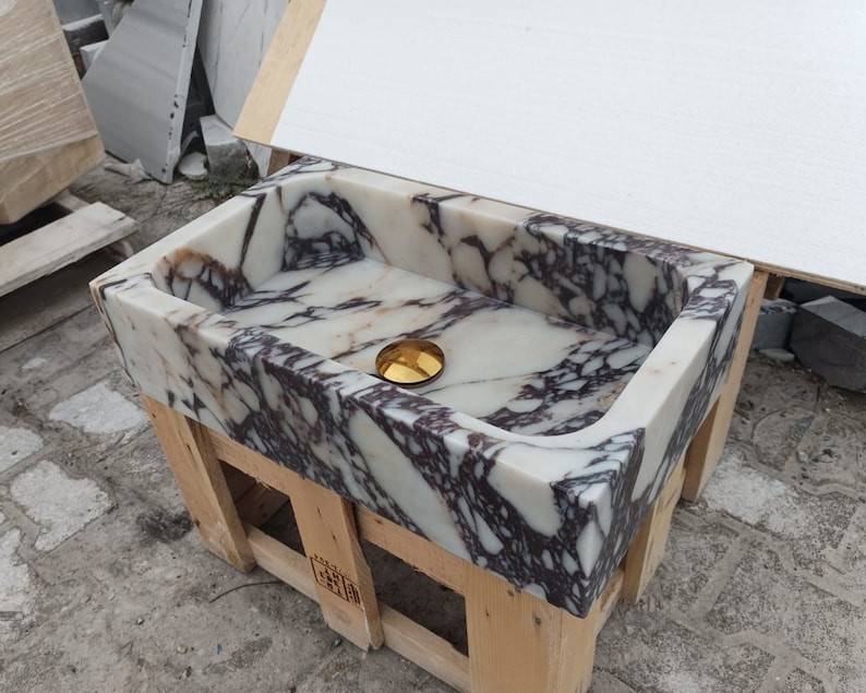 Calacatta Viola Antique Marble Sink, Powder Room Sink, Wall Mounted Sink, Calacatta Sink, Farmhouse Sink, Marble Sink, Bathroom Sink, Sink image 8