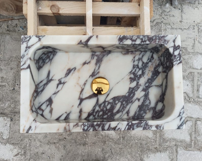 Calacatta Viola Antique Marble Sink, Powder Room Sink, Wall Mounted Sink, Calacatta Sink, Farmhouse Sink, Marble Sink, Bathroom Sink, Sink image 7