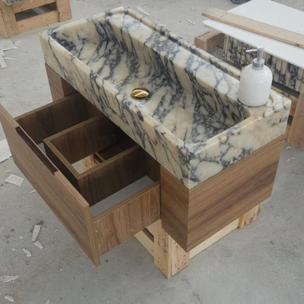 Calacatta Viola Marble Sink, Wooden Unit, Kitchen Sinks, Modern Bathroom Sink, Marble Sink, Calacatta Viola Sink, House Marble Sink, Sink