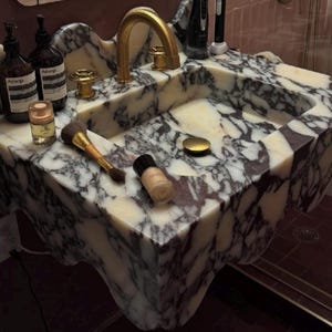 Calacatta Viola Marmor Waschbecken, Wand Waschbecken, Waschbecken im Bad, Marmor Waschbecken, Calacatta Marmor Waschbecken, Sonderbestellung Waschbecken, Waschbecken Bild 10