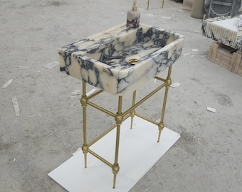 Lavabo in marmo Calacatta Viola, lavabo per bagno di servizio, lavabo a parete, lavabo Calacatta, lavabo per bagno, consolle da bagno in pietra su misura, lavabo con gambe in metallo