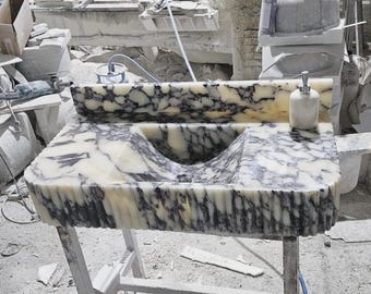 Calacatta Viola Marble Sink, Wall Mounted Sink, Powder Room Sink, Bathroom Sink, Calacatta Sink, Farmhouse Marble Sink, Fluted Marble Sink