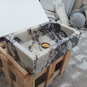 Calacatta Viola Antique Marble Sink, Powder Room Sink, Wall Mounted Sink, Calacatta Sink, Farmhouse Sink, Marble Sink, Bathroom Sink, Sink image 5