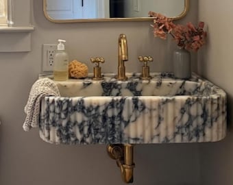 Calacatta Viola Marmor Waschbecken, Wand Waschbecken, Runde Ecke Marmor Waschbecken, Badezimmer Waschbecken, Marmor Waschbecken, Geriffelte Marmor Waschbecken, Luxus Waschbecken
