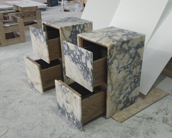 Calacatta Viola Marble Nightstand, Handmade Luxury Stone Side Table with, Calacatta Viola Nightstand, Calacatta Nightstand with Drawers
