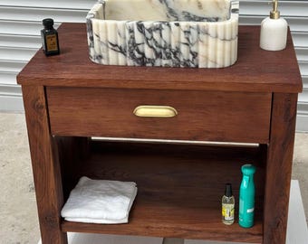 Calacatta Viola Marble Sink, Wall Mount Sink, Round Corner Marble Sink, Bathroom Sink, Fluted Marble Sink, Luxury Sink + Oak Wood Cabinet