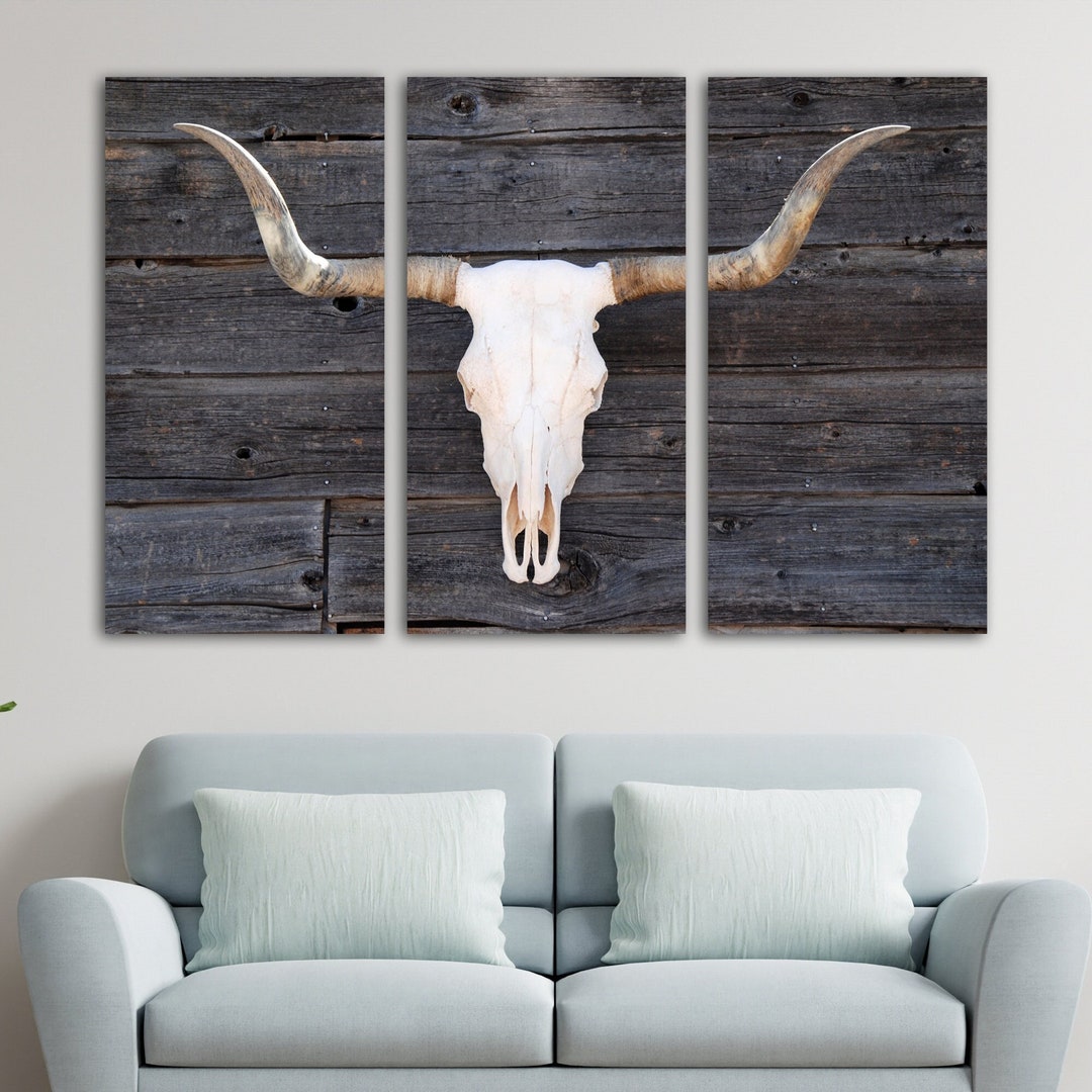 Longhorn Wall Art, Longhorn Skull Art, 3 Panel Longhorn Skull Decor Set