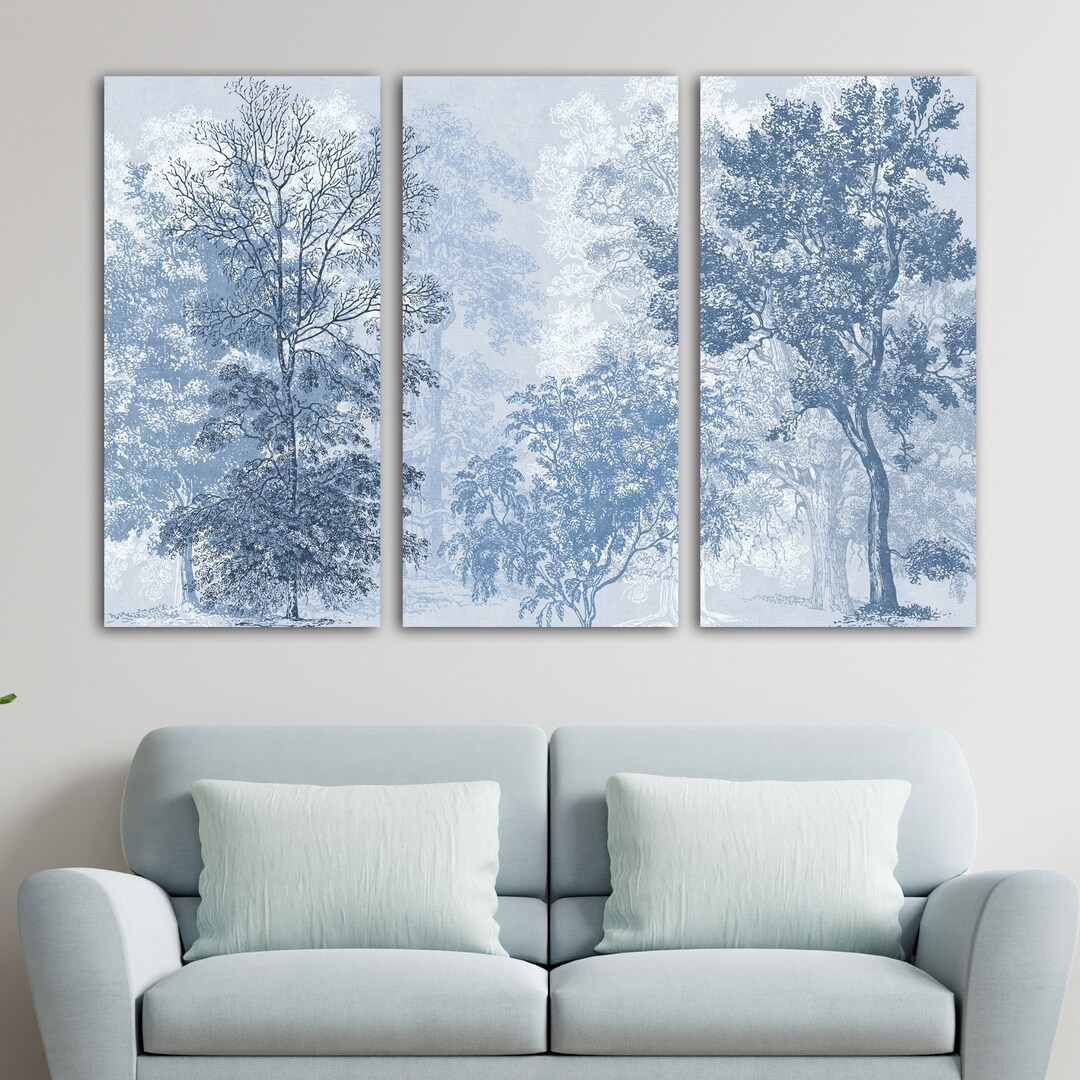 Blue Trees Wall Art, Blue Floral Canvas Wall Art, 3 Panel Blue Tree