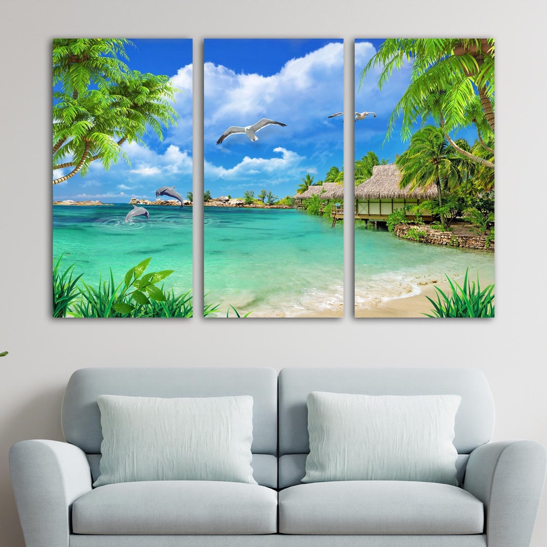 Tropical Beach Wall Art, Tryptic Tropical Beach Wall Art, Multi Panel