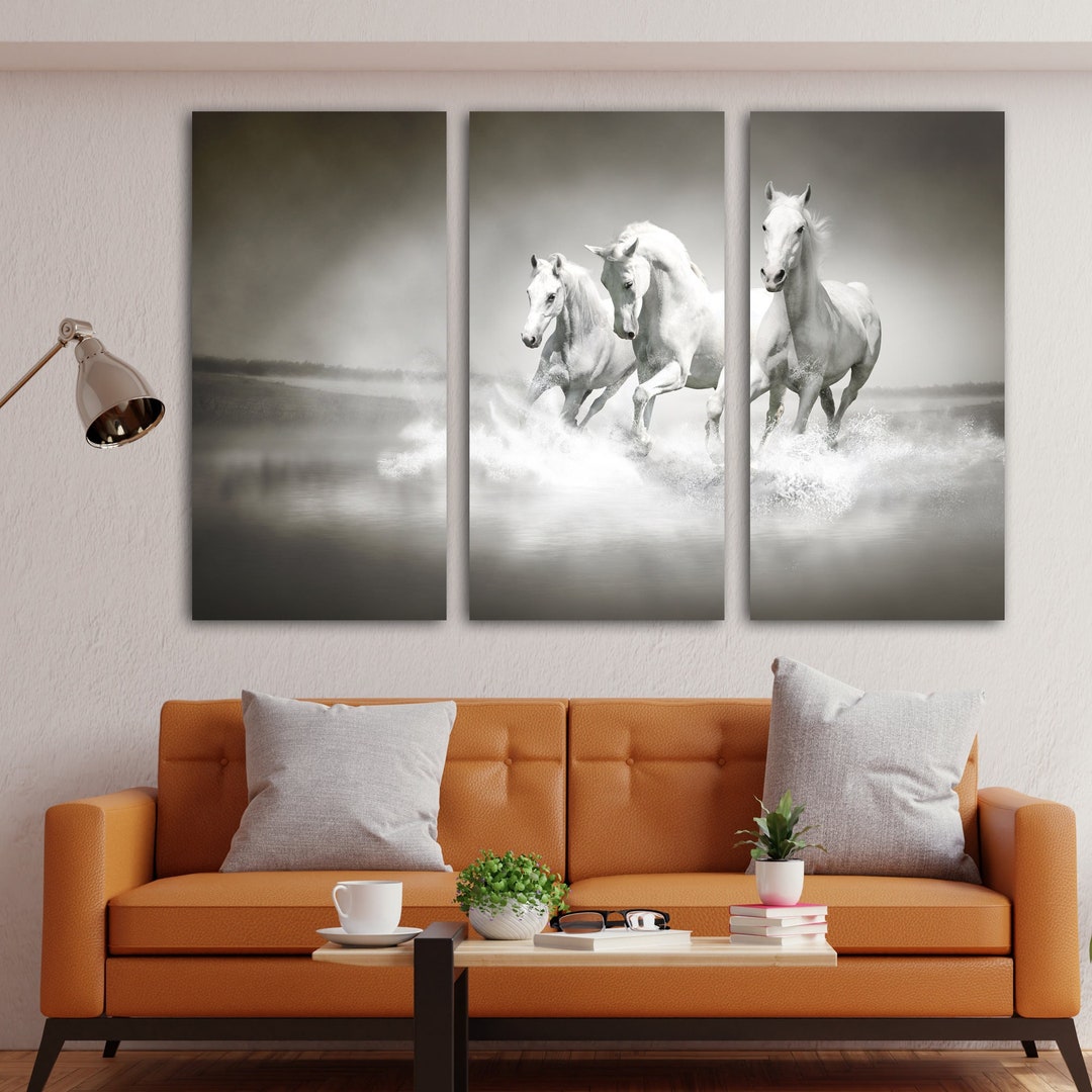 White Horses Wall Art, White Horses Art Print, Multi Panel White Horses Wall Art, 3 Panel White