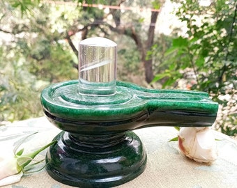 Green Jade Yoni Base Crystal shivling, sphatik Shiva Lingam, Banlingam, Shivalingam for home, pooja Idols, prayer statue, Spiritual Home Dec