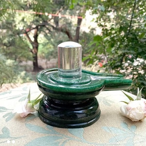 Green Jade Yoni Base Crystal shivling, sphatik Shiva Lingam, Banlingam, Shivalingam for home, pooja Idols, prayer statue Spiritual Home Decr