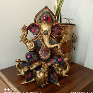 Duża mosiężna statua Ganesha, 40 cm mosiężna rzeźba Ganesha do dekoracji ołtarza domowego, prezent na szczęście na nowe początki, hinduski bóg słonia