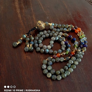 Handgefertigte Labradorit Perlen, sieben Chakra mit Makramee Quaste Mala, Yoga Meditation Schmuck 108 Perlen Geschenk für Freundin