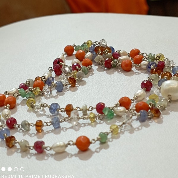 Natural Navratna Mala, Navratna Gemstone Beads Necklace, Healing Chakra Handmade Meditation Awakening Beads Rosary Necklace