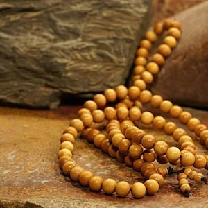 Sandalwood Mala Necklace: 8mm Knotted Prayer Beads, Hindu Buddhist Rosary