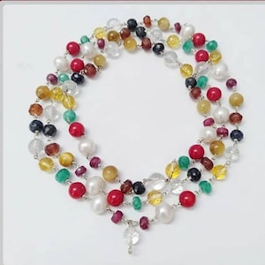 Navratan Energy Mala 9.25 Silver Necklace, Nine Gems Mala Beads Necklace, Healing Stones, Pleasing Navratna Mala  Precious Stones