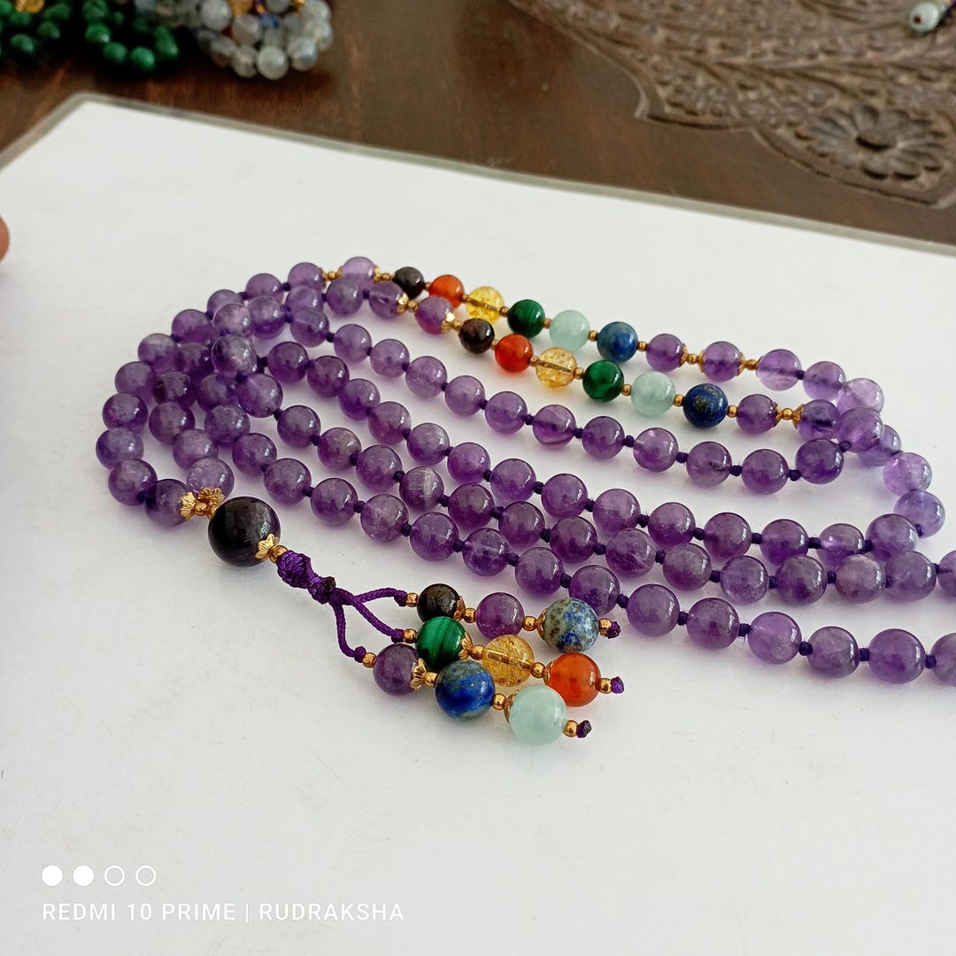 Handmade Matte Finish Obsidian Seven Chakra Yoga Meditation Mala Bead Necklace