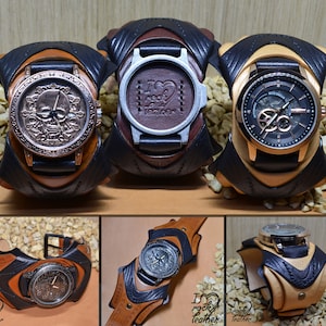 Luxury personalized leather cuff with skull watch, Skeleton Watch, Leather Bracelet Watch, Steampunk Wrist Watch, Made to order.