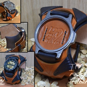 Luxury personalized leather cuff, skull watch, skeleton watch band, Steampunk Wrist Watch, Made to order.