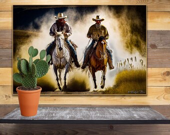 High Tailing It To Cody | Colorful Digital Horseback Print | Colorful Cowboy Art | Wyoming Cowboy Art | Galloping Horses