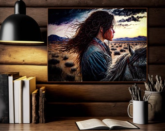 High Plains Cowgirl | Colorful Digital Print | Colorful Western Art | Wyoming Horse Art | Colorful Country Kitchen Print