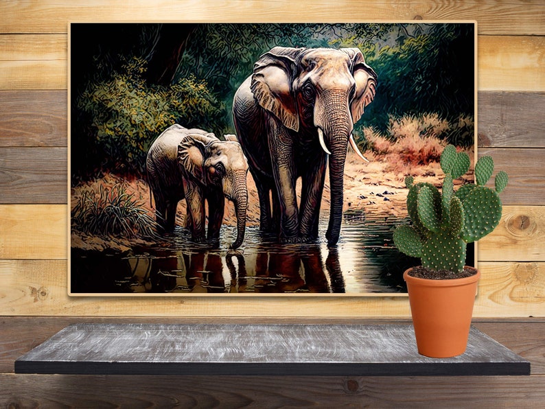 Indian Elephants Colorful Digital Animal Print Colorful Elephant Art Hindustan Elephant Art Colorful Elephant family Print image 1