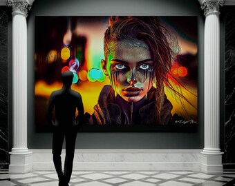 So, You Had A Bad Day | Colorful Digital Cyber City Print | Colorful Portrait Art | Blue Eyes Art | Colorful Woman Print