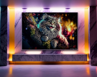 Smiling Tree Cat | Colorful Digital Animal Print | Colorful Kitty Art | House Cat Art | Colorful Animal Print